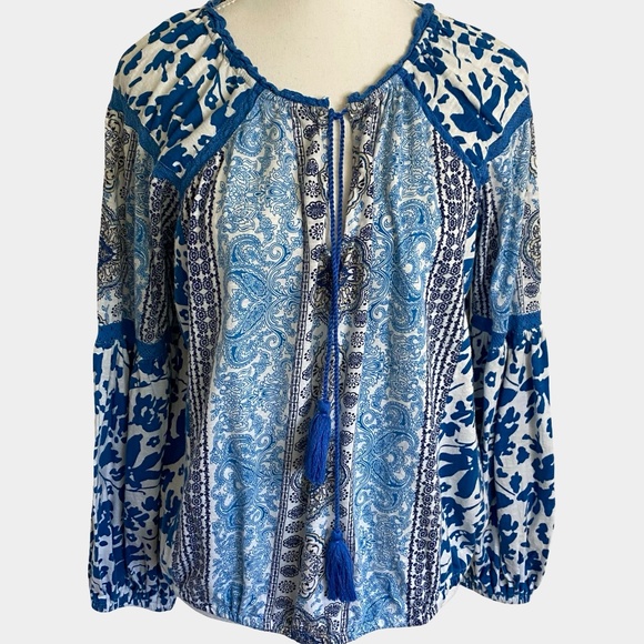 Rachel Zoe Blue Cotton Boho Coastal Pheasant Sleeve Top-Sz-L - Picture 1 of 16